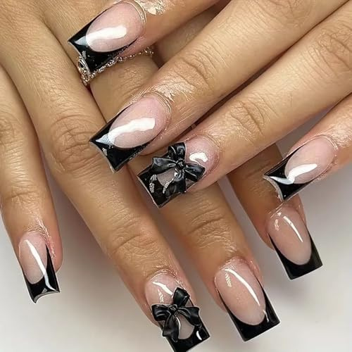 24Pcs French Tip False Nails Short - Press on Nails - Fake Nails with Black Bow - Black Edge Elegant Press on Nails - Glossy Glue on nails - Full Cover,12 Sizes Reusable Acrylic Nail for Women Girls