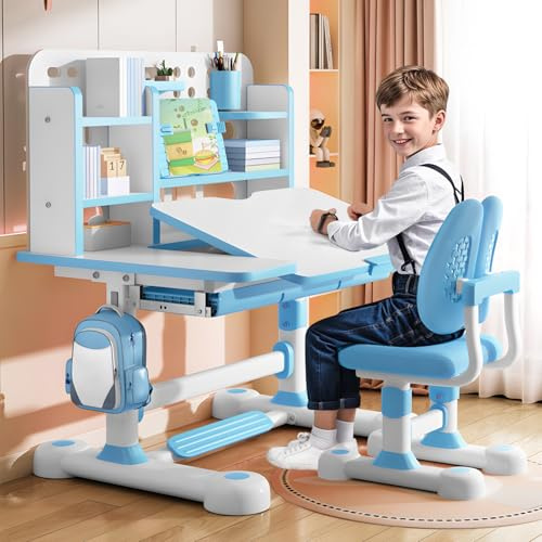Worparsen Upgraded Kinderschreibtisch,höhenverstellbar, Schüler-Schreibtisch und Stuhl, Kinderschule, Studiertisch mit Schubladenablagen, Bücherregal, Studienstuhl und Schreibtisch für Kinder (Blau F)