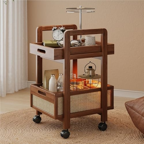 Side Table, 2-Layer Storage Trolley, Wooden Frame Snack Cart with Universal Wheels, Mobile Storage Rack for Living Room and Bedroom, Compact Design