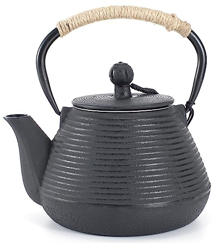 Teiera in ghisa, 950 ml, modello giapponese Sakura Blossom, cassaforte per piano cottura, infusore per foglie sfuse e caffè, manico in silicone, interno smaltato, 950 ml, blu