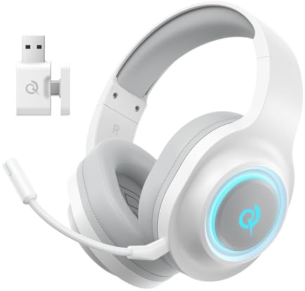 QCY Casque Gaming,Casque sans Fil 2,4 GHz pour PS5,PS4,PC,Switch,réduction de Bruit Amovible avec Micro,Son Surround 7.1,autonomie de 240 Heures,lumières RVB - Blanc