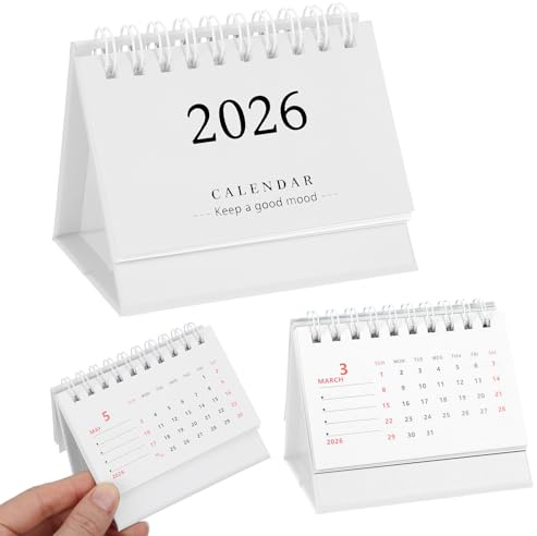 Tyqour Piccolo calendario da scrivania 2025-2026, mini calendario da tavolo 2025-2026, rilegatura ad anelli in metallo, dimensioni compatte per casa, ufficio, scuola, bianco