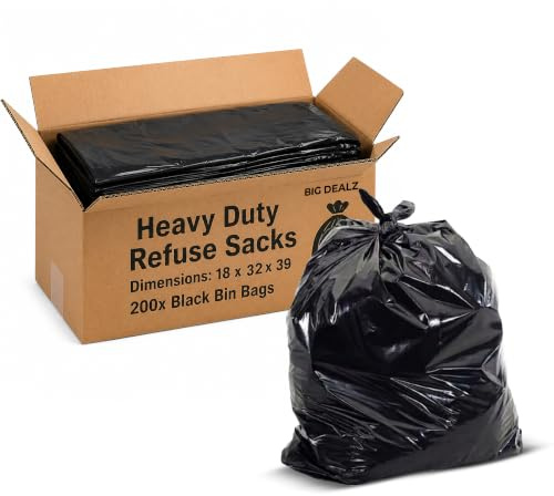 Big Dealz Large Heavy Duty Black Bin Bags, 200 Count, Strong Refuse Sacks for Garbage