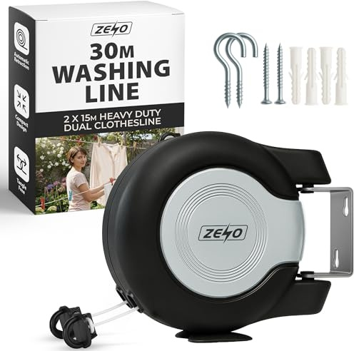 ZENO Retractable Washing Line 30M | Heavy Duty Dual Clothes Line with Automatic Retraction | Wall Mounted Laundry Airer for Indoor and Outdoor Use | Space Saving Design | 2x15M Long Line | Grey