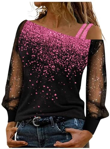 Haut Paillettes Femme Soirée Brillantes T-Shirt Sexy Manches Longues Fête Soirée Party Club Tops avec Paillettes Blouses Chemisiers de fête Chic et Élégant Vêtements Tunique Transparent Chemisiers