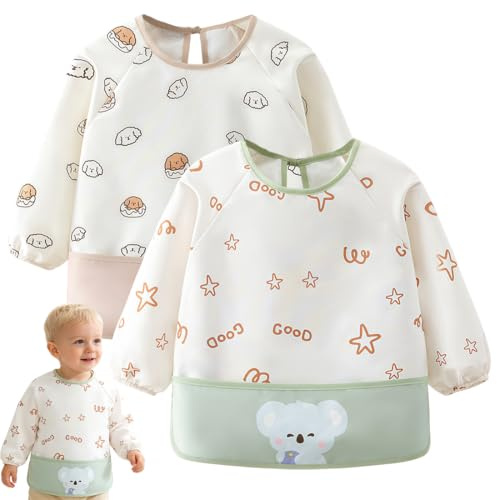 2 Bavoirs à Manches Longues Imperméables pour Bébé 6-36 Mois, Lavables en Machine, avec Poche de Récupération et Boutons, sans BPA