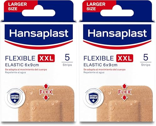 Hansaplast Flexible XXL Elastic Apósitos para heridas, Tiras impermeables y extraflexibles para cubrir heridas, Bloquean el 99% de bacterias, 5 apósitos, 9 cm x 6 cm (Paquete de 2)