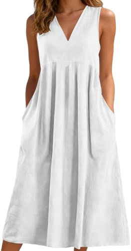 Gefomuofe Vestido de playa para mujer, cuello de pico, sin mangas, vestido de verano con bolsillos, ligero, poncho de playa, elegante, bohemio, plisado, maxivestido plisado