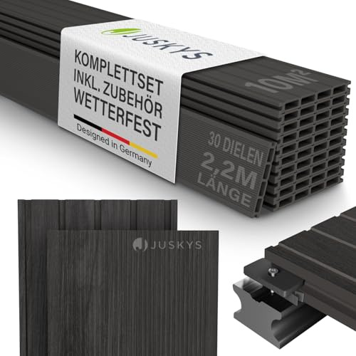 Juskys WPC Terrassendielen 10 m² – 220 cm Dielen, wetterfest & pflegeleicht, inkl. Unterkonstruktion, Clips & Schrauben, rutschfest für Terrasse & Balkon – Grau