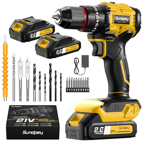 Sundpey 21V Trapano Avvitatore a Batteria - Max 70Nm Brushless Trapano a Percussione con 2 Batterie 2.0Ah, 23+3 Coppie, Mandrino 10mm, Luce LED, 2 Velocità Avvitatore Elettrico per Fai da te