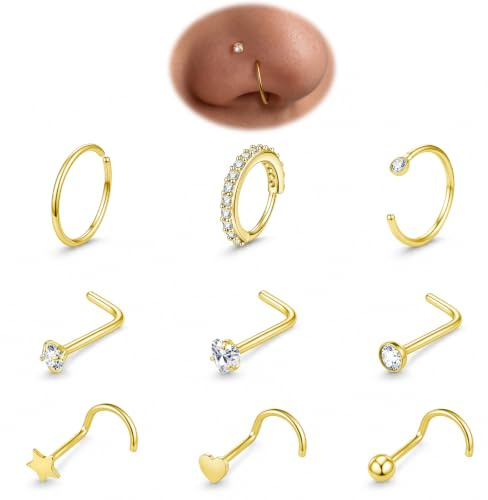 20G Gold Nose Ring Stud, 9 Pcs Silver Thin Hypoallergenic 316L Surgical Steel L Shaped Screw Small Nose Studs Dainty 7mm Nose Ring Hoop Cubic Zirconia Septum Rings Piercing Jewellery for Women Men