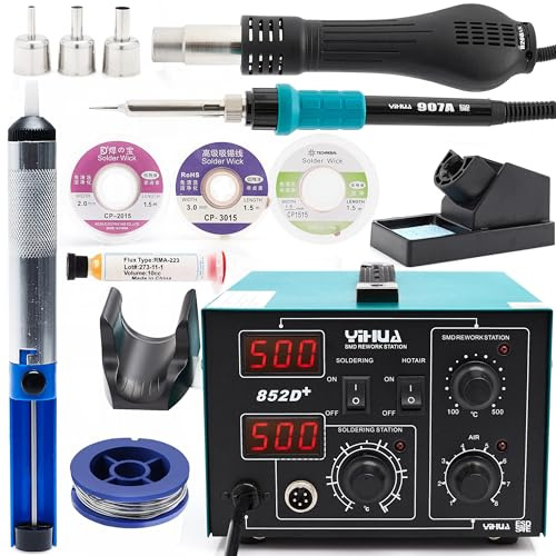 Yihua 852D+ Stazione Saldante Professionale 2 in 1 Aria Calda 740W e Stilo 60W, Kit Saldatura Elettronica con 3 Trecce Dissaldanti 1.5/2/3mm, Flussante RMA-223, Stagno Techrebal e Aspirastagno