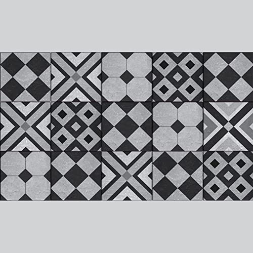Contremarche adhésive Faenza 3 pièces, 19,5 X 100 cm, carreaux de ciment ancien noir et gris, autocollante et facile à poser.