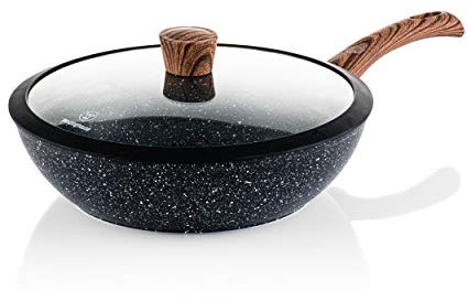 Westinghouse Wood WHP231 Marble Wok 30 cm avec revêtement anti-adhésif en marbre 3 couches, en aluminium forgé, compatible avec induction, poignée en silicone aspect bois, passe au lave-vaisselle,