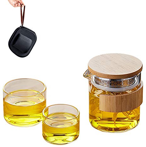ECYC Service à thé portable de voyage avec étui de rangement, service à thé tout-en-un en verre avec passoire, 1 théière et 2 tasses