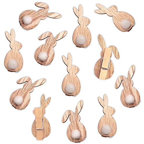 12 pinces en bois avec motif de lapin et pompon pour Pâques - pour décorer des nids de Pâques, des cadeaux, des cartes et plus - pour enfants et adultes - décoration de Pâques réutilisable