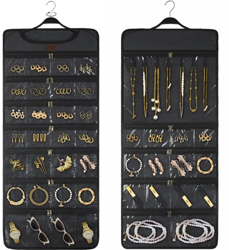 SMRITI Hanging Jewelry Organizer with Dual Zippered Pockets Canvas Double Sided Rotating Hanger Necklace Hanging Wall Organizer Earring Dustproof Holder Wall Mount Accessories Display Bag(Dark Grey)