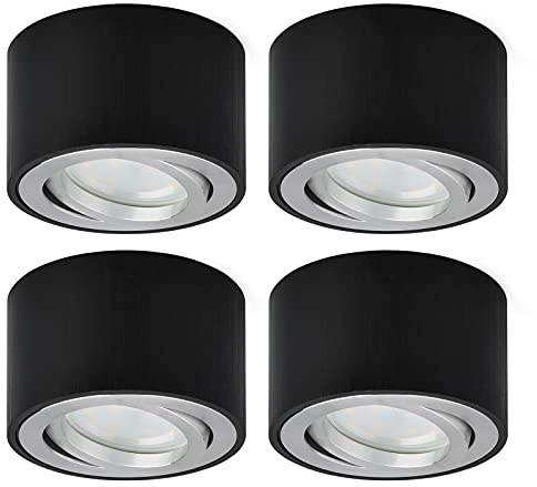 KYOTECH 4 Stück LED-Aufbaustrahler, schwenkbar, Ø 80 x 50 mm, Deckenleuchte, rund, schwarz, gebürstet, Deckenleuchte, Deckenleuchte, LED-Spot, Downlight, Leuchtmittel 5 W, inklusive Modul, 400 lm