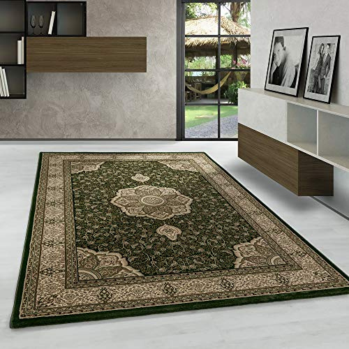 Carpetsale24 Orientteppich Grün 240x340 cm – Kurzflor Teppich im klassischen Vintage Stil für großes Wohnzimmer, Essbereich, offene Räume – Pflegeleicht, strapazierfähig, dekorative Raumwirkung