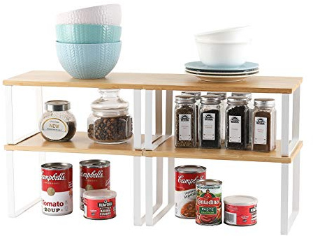 Nandae 4-Pack Bamboo Kitchen Shelf Organizer for Cabinet, Expandable & Stackable Counter Cupboard Organiser, Storage Rack for Bathroom, Kitchen, Laundry Room White