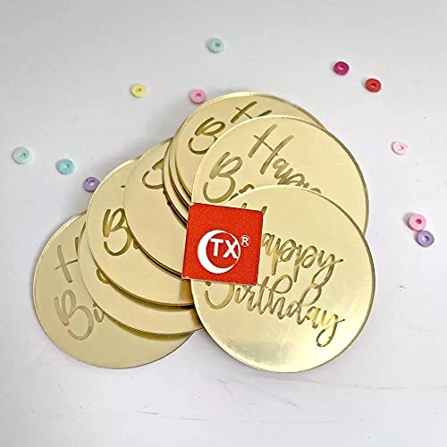 6 Pack Happy Birthday Cupcake Topper 2 Inches Round Disk Gold, Rose Gold & Silver Acrylic Cake Topper Laser Cut Party Decoration (Gold x 6)