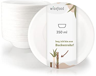 wisefood Zuckerrohr Schale - 50 Stück Bagasse Einweg Suppenschüssel rund weiß 350ml - Einmal Pappschale ideal für Pommes oder Salat - Biologisch abbaubares Zuckerrohr Geschirr ohne PLA/PE