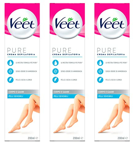 Veet 3 x Enthaarungscreme für empfindliche Haut, 2 Flaschen je 200 ml, Ammoniakfrei, Glättend, für Rücken, Brust, Beine, Arme, Achselhöhlen, Leistenhöhle, Unisex, Erwachsene