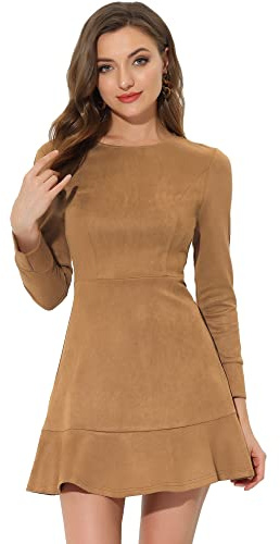 Allegra K Mini-Robe décontractée en Faux Daim à col Rond et Ourlet à Volants de Noël pour Femme Marron L