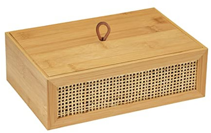 WENKO Caja para el baño Allegre L, caja decorativa con tapa moderna, estilo Boho, de bambú y ratán trenzado de calidad, para guardar de forma práctica utensilios del baño, 22 x 7 x 15 cm, natural