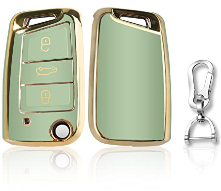 QBUC Goldener Rand Autoschlüssel Hülle für, DREI Tasten Autoschlüsselkasten, Auto kratzfestes Schlüsselgehäuse，Schlüsselhülle Cover für Polo, Skoda, Tiguan, MK(A-Grün)