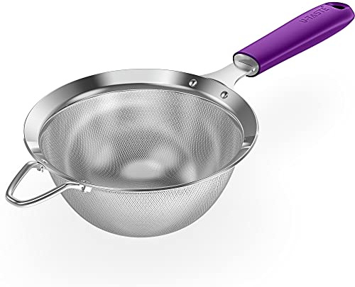 18/8 Stainless Steel Mesh Strainer: U-Taste 5.5 Inch Kitchen Fine Mesh Sieve Food Colander with Riveted Sturdy Silicone Handle and 30 Mesh Hole for Straining Flour, Pasta, Fruit, Quinoa (Purple)