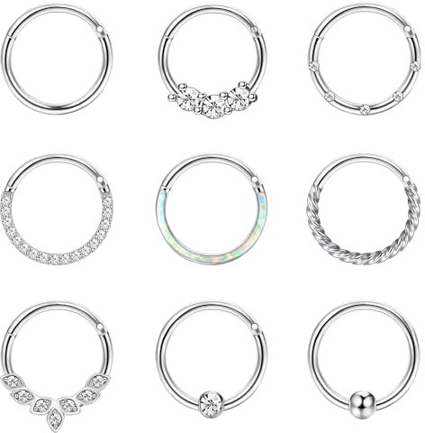 JeweBella 9-teiliges 16g Nasenpiercing-Set aus Chirurgenstahl für Damen: Hoop, Septum, Nasenring, Knorpel, Helix, Ohrringe, Tragus, Daith Piercing in Silber mit CZ Opal Steinen