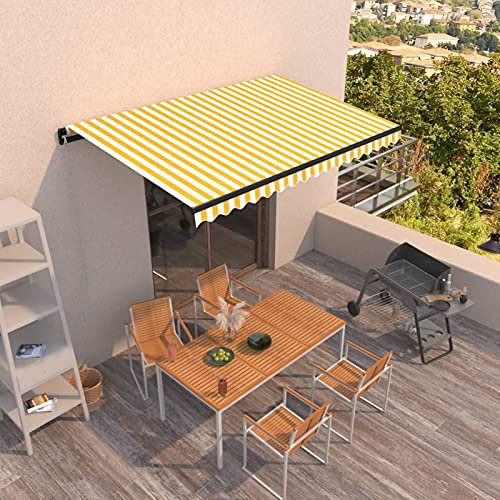 Yolola Tenda da sole retrattile con braccio articolato, tenda da sole retrattile, funzionamento a mano, per balcone, protezione solare, angolo e altezza regolabile, 450 x 350 cm, giallo e bianco