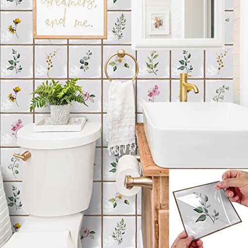 Alwayspon 30Pcs 15cm/6inch Retro White Tile and Green Leaf Tile Sticker, Peel & Stick Self-Adhesive Splashback Fireplace Stairs Tile Sticker Transfers, Stick on Tile for Kitchen Bathroom Wall