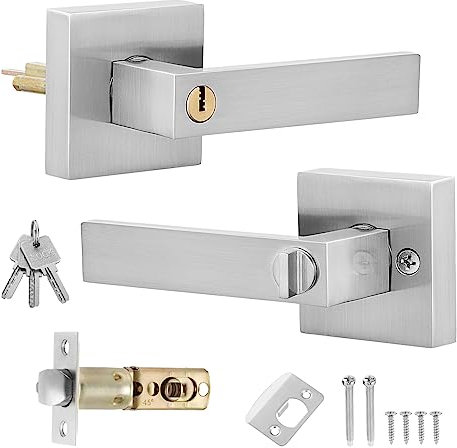 Mynoozi Quadratisches Türgriffschloss Set, Türgriffe Innentüren, Türklinke, Türgriff mit Schloss und Schlüssel, Drückergarnitur für Zimmertür, Bürotür, Kellertür, Badtüren (Silber)