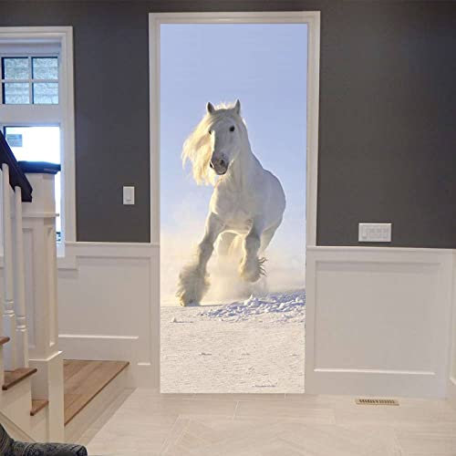 Türtapete Selbstklebend Türposter Schneeweißes Pferd 90X200Cm 3D Türaufkleber Wasserdichte Fototapete Türfolie Abnehmbar Wandaufkleber Wohnzimmer Küche Schlafzimmer Deko Wandbild