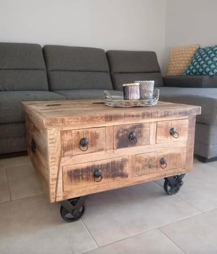 Rustic Coffee Table Large Solid Wood Chest Drawers on Wheels Vintage Industrial Storage Trunk Cabinet Treasure Toy Box Antique Style Living Room Farmhouse Furniture