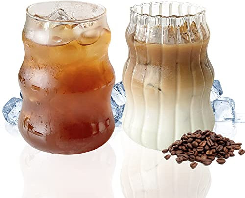 2pcs / 1pcs Vintage Drinking Glasses Ribbed Ice Coffee Cup, 530ml Wave Shape Cocktail Glasses, Gourd Shape Iced Coffee Glasses, Creative Ribbed Glassware for Tea, Milk, Whisky, Coffee Bar Accessories