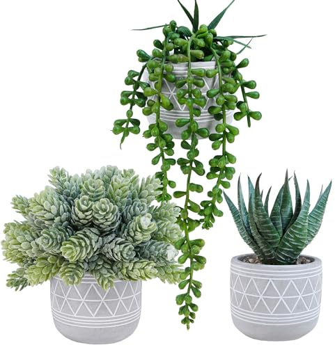 Winlyn Juego de 3 mini plantas suculentas artificiales en maceta, aloe lúpulo, cadena de perlas, suculentas falsas en macetas de hormigón geométricas grises para el hogar, oficina, mesa, estante,
