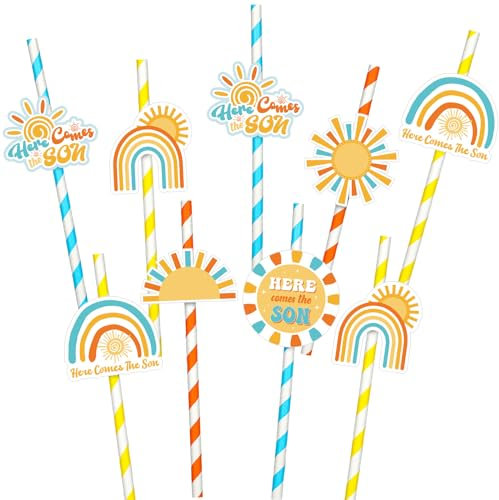 Soaoo Paper Disposable Drinking Straws, 48 Sets Here Comes the Son, 7.76 Inches, Striped, Orange, Yellow, Blue, Matte Finish, Multiple Occasions
