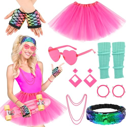 Hifot 80er Jahre Outfit Damen, Neon Tutu, Stirnband, Ohrring, Halskette, Armband, Netzhandschuhe - Accessoires für Neon Thema Party, 90er Karneval Faschingskostüme
