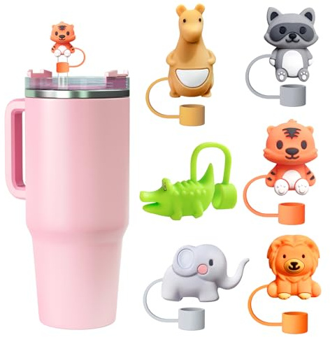 Lmotfor 6pcs Animal Cute Silicone Straw Cover Caps for Stanley Cup Straw Topper fit 30&40 Oz Tumbler with Handle 10mm 0.4in Straw Protectors Cup Accessories