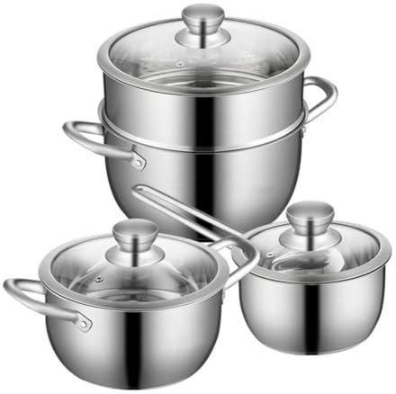 RUVOO Batteria di Pentole, Set di Pentole da 3 Pezzi Pentola per Zuppa Pentola per Latte Piroscafo con Coperchio in Vetro Set di Pentole da Cucina in Acciaio Inossidabile Utensili Cucina Set Pentole