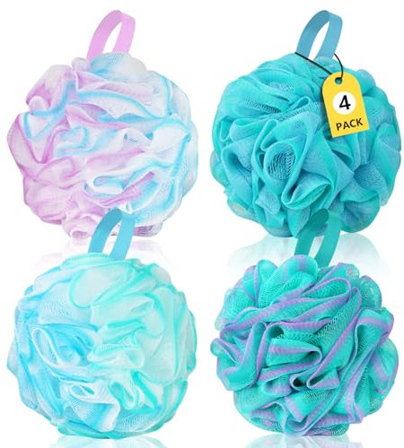 Shower Puff Loofah Sponge Extra Large,Set of 4,75G/PC, Soft Body Scrubber Bath Sponge for Women and Men,Scrunchie Mesh Pouf Bathroom Sponge Skin Exfoliating