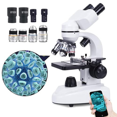 GplHAIN Microscopio Binocular 30000x-70000x, Microscopio BiolóGico De Laboratorio, Lente Objetivo: 4X, 60x, 10x, 40x/100x, Led Dual / 2 Fuentes De AlimentacióN, con Soporte para TeléFono MóVil,70000X