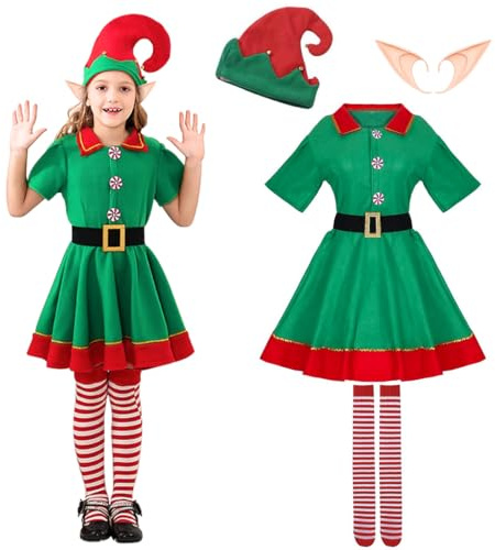 Weihnachtself, Elfen Kostüm Kinder, Weihnachtskostüm Mädchen Damen, Elfenohren Elfenmütze Nikolaus Kleid Weihnachtselfen Kostüm Damen Fasching, Karneval & Cosplay Geschenke für Halloween Kostüme