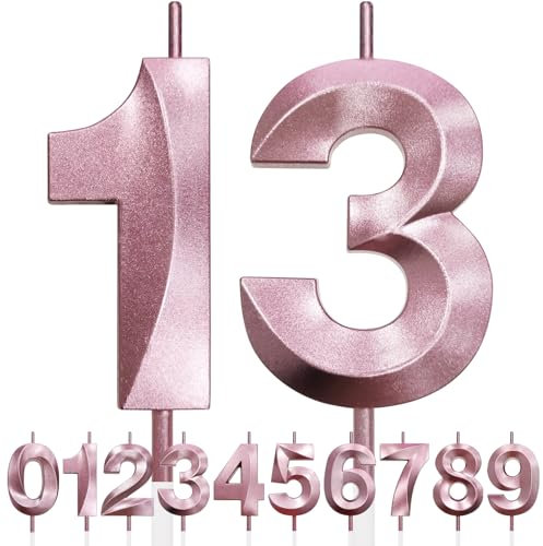 13th Birthday Candle, 3D Design Rose Gold Glitter Number Candles, Cake Topper Decorations, Cake Candle for Birthday Party, Wedding Anniversary, Baby Shower, Party Decoration (Pink Gold)