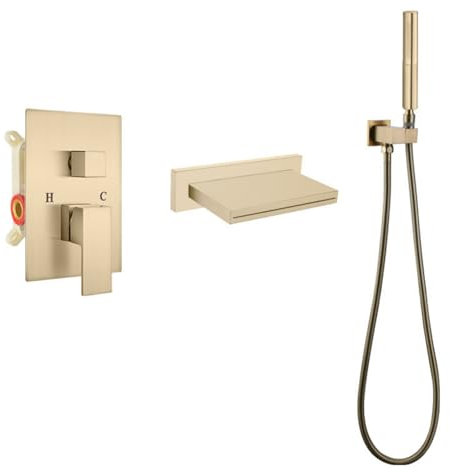 Miscelatore Cascata Vasca Oro Spazzolato Rubinetto Vasca da Bagno con Doccetta Miscelatore Doccia con Deviatore in Ottone