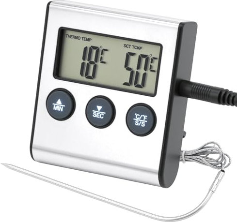 QWORK® Termómetro Cocina Digital con Sonda para Alimentos, Rango 0-300°C, Temporizador Integrado, Pantalla LCD - para uso en Hornos y Parrillas