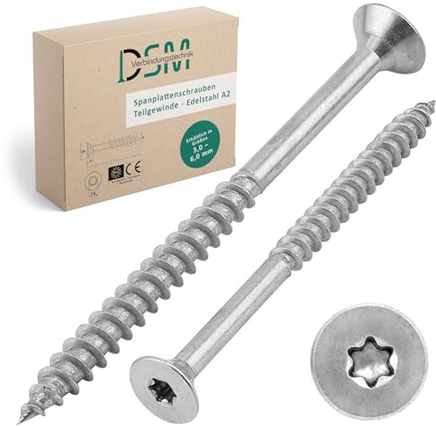 DSM – Vis pour aggloméré 6 x 80 mm – Acier inoxydable A2/V2A – avec tête fraisée et entraînement TX – avec homologation ETA – Vis à bois à filetage partiel – Vis pour construction en bois – Vis